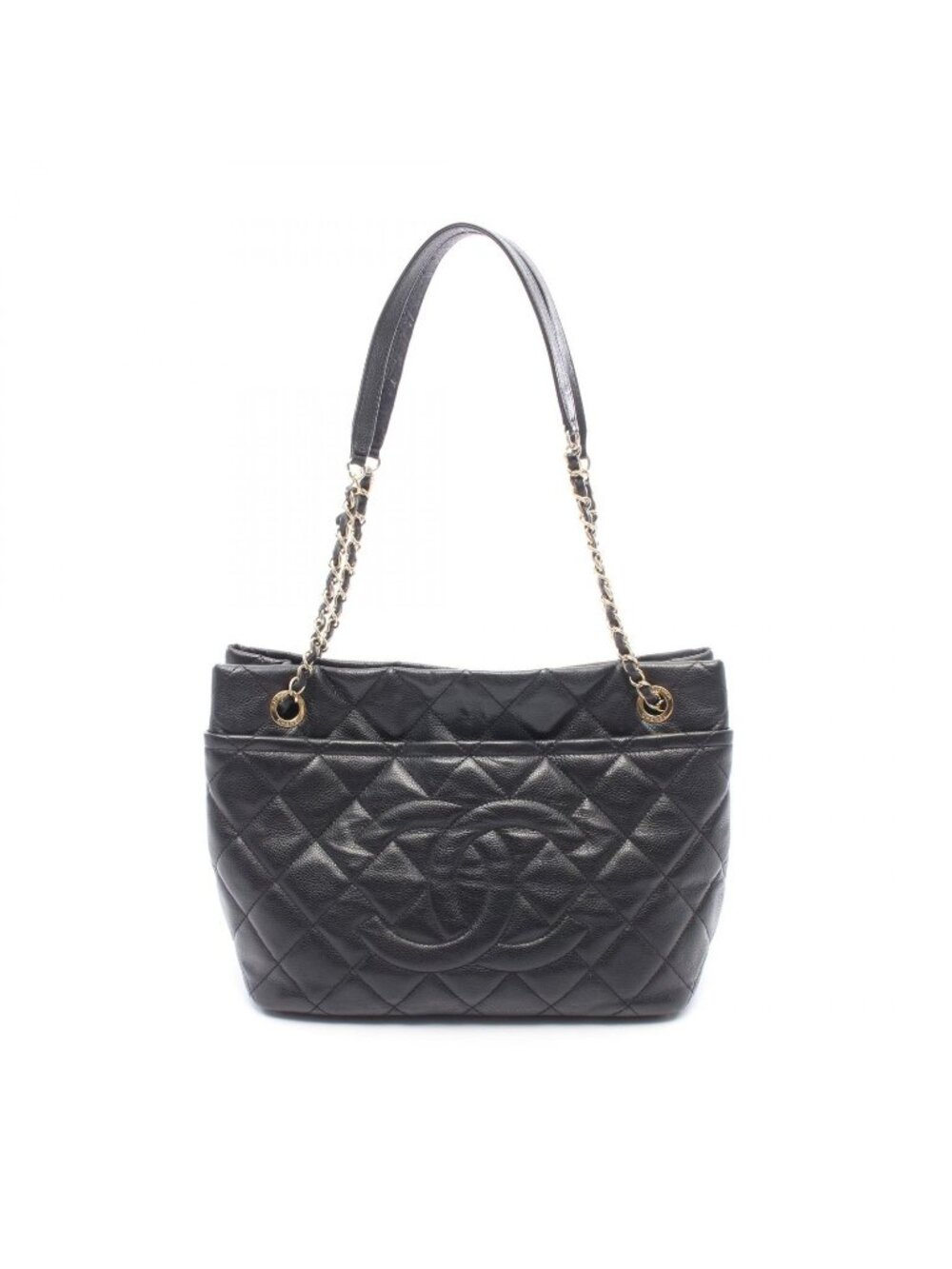 Chanel Tote Bag Quilted CC Logo Black Caviar Leather CC Chain